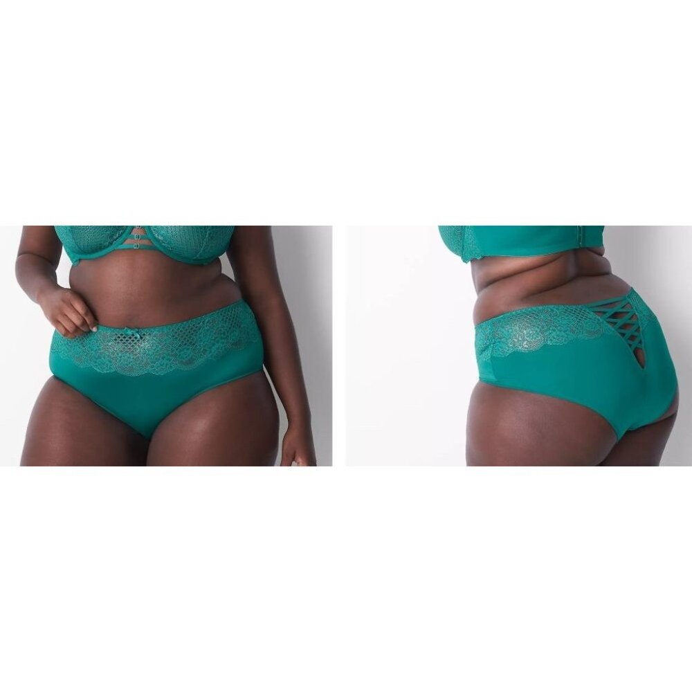 NEW Lane Bryant Cacique Silver Foil Lace Strappy Back Midi Cheeky Panty 12 Green